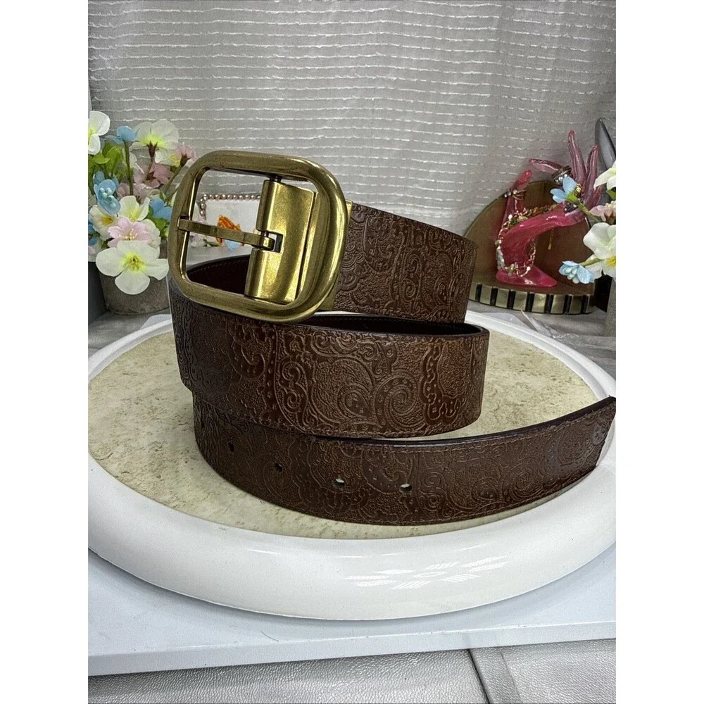 (H)Robert Graham Barnstable Reversible Brown Leather Belt Gold Buckle 36